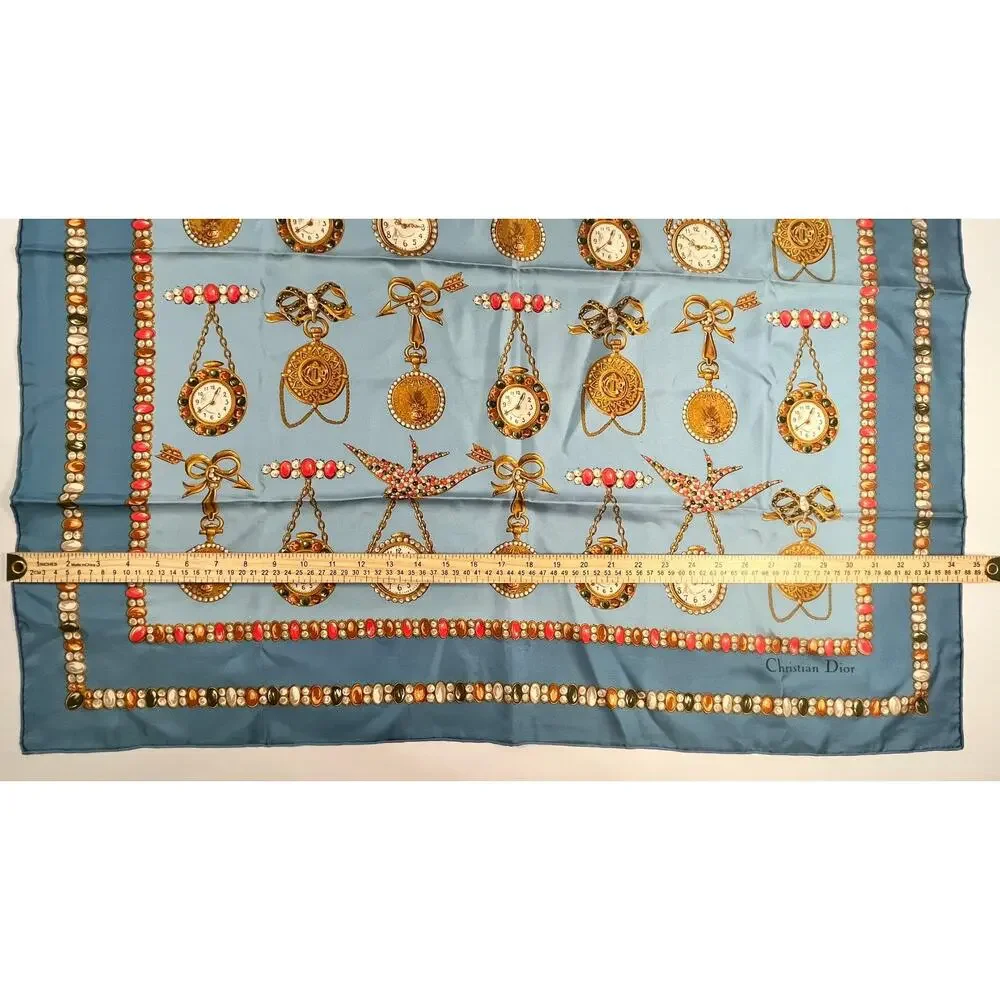 Christian Dior Silk Scarf Jewel & Watch Charm Pattern Blue 34.5
